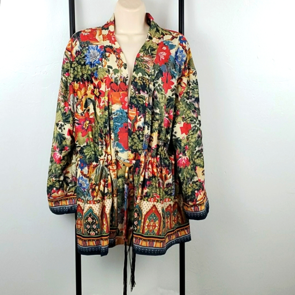 Vintage John Mark Birds Floral print cardigan full lining women size XL